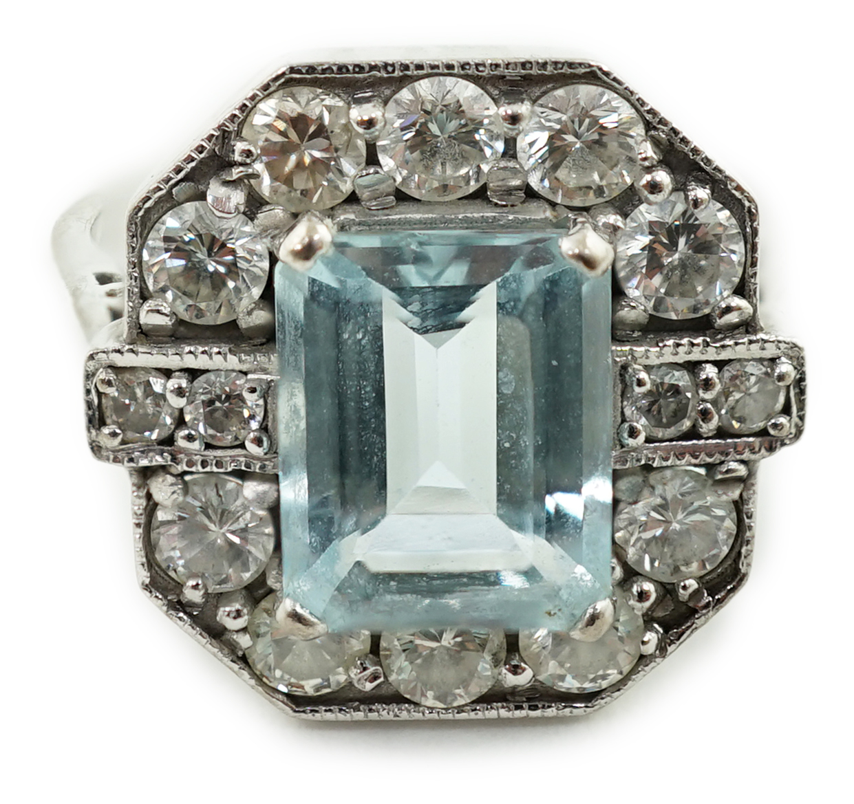 An Art Deco style white gold?, aquamarine and diamond cluster set octagonal dress ring